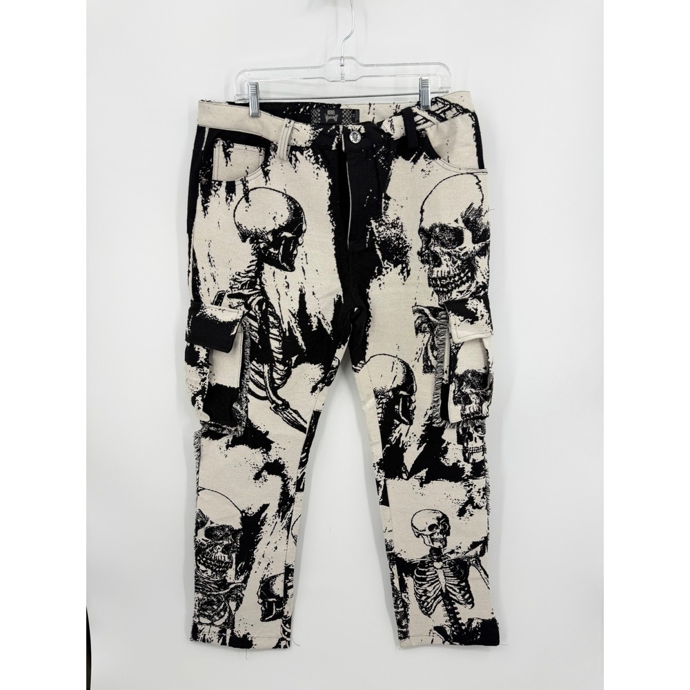 Rebel Vengeance Tapestry Cargo Pants Mens 34‎ Black Skulls Skeleton Woven Goth
